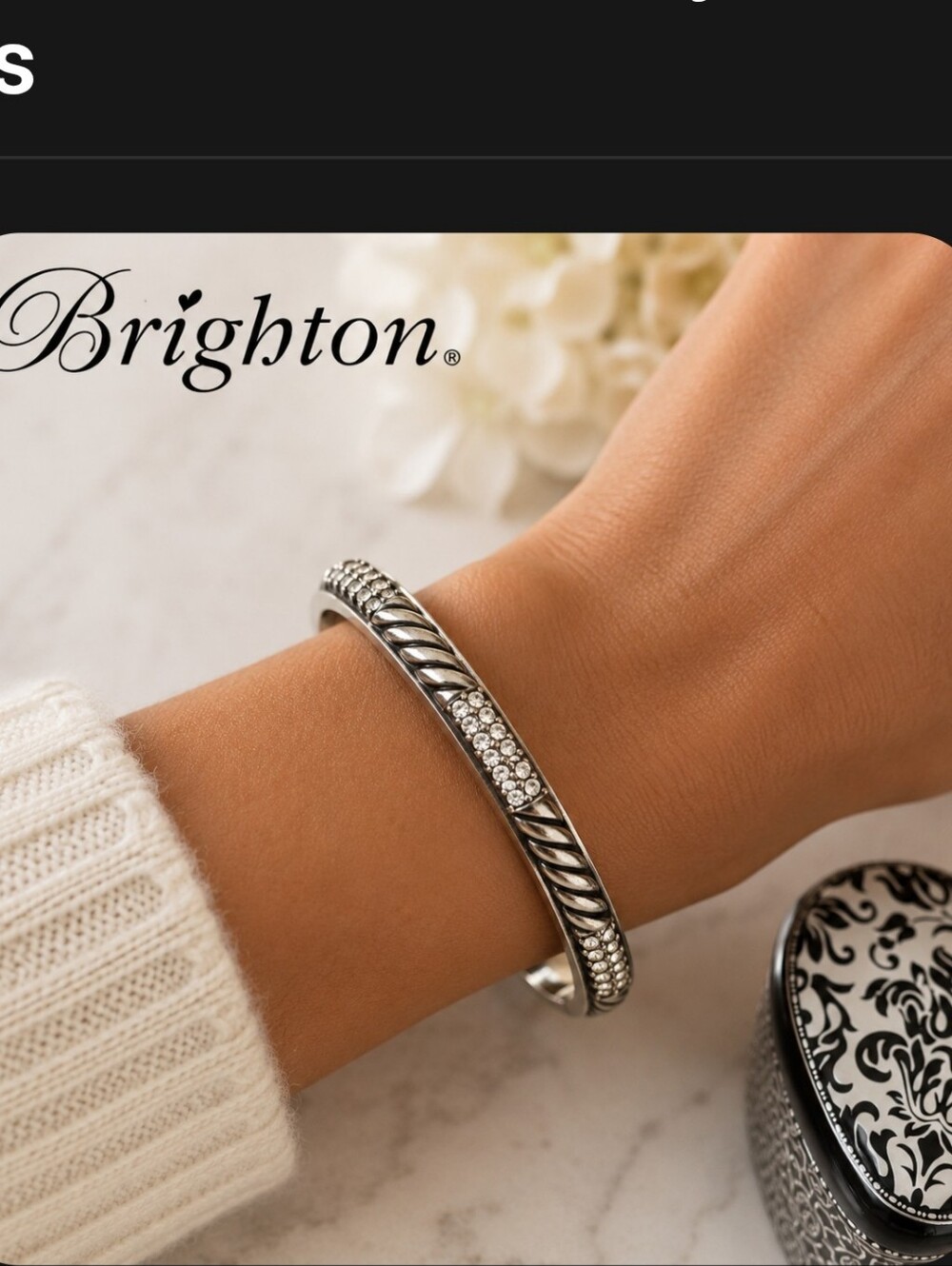 Brighton Crystal Cable Hinged Bangle Bracelet Silver Tone Signed